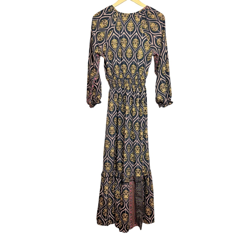 NEW Raga Asmee Maxi Dress Small Black Gold Boho Paisley Smocked V-Neck Long Slv - Picture 3 of 13